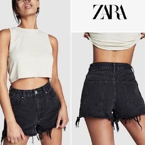 Zara Hi Rise Cut Off Raw Frayed Black Denim Shorts- US size 2 fall denim